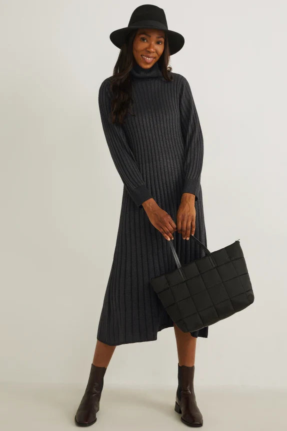 UNICORN Women's knitted long turtleneck dress funnel neck long sleeves black xs s m l xl