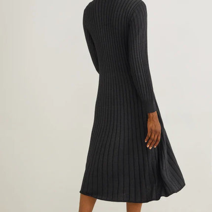 UNICORN Women's knitted long turtleneck dress funnel neck long sleeves black xs s m l xl
