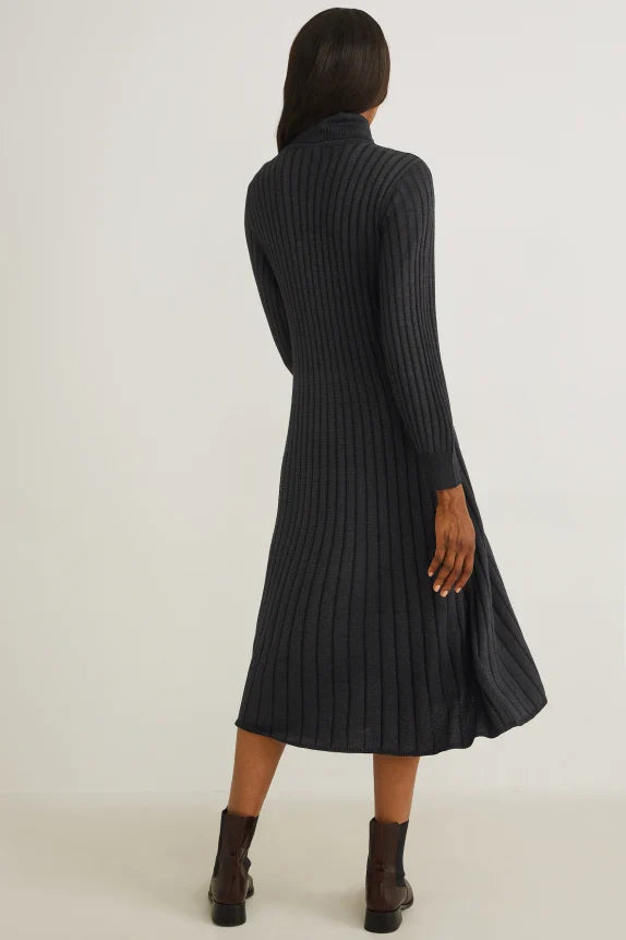 UNICORN Women's knitted long turtleneck dress funnel neck long sleeves black xs s m l xl