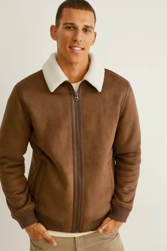 UNICORN Men's jacket with fur collar leather brown S M L XL XXL XXXL