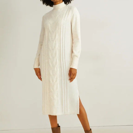 UNICORN Women's knitted long turtleneck dress funnel neck long sleeves cream white xs s m l xl