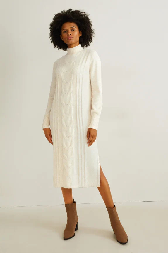 UNICORN Women's knitted long turtleneck dress funnel neck long sleeves cream white xs s m l xl