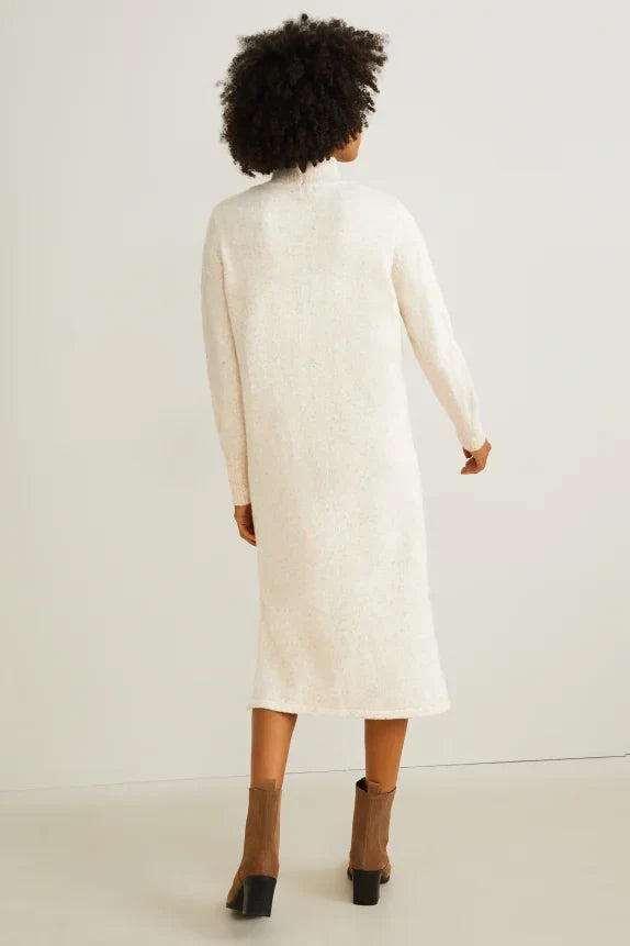 UNICORN Women's knitted long turtleneck dress funnel neck long sleeves cream white xs s m l xl