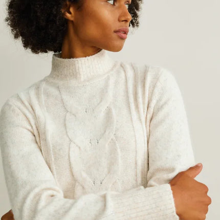 UNICORN Women's knitted long turtleneck dress funnel neck long sleeves cream white xs s m l xl