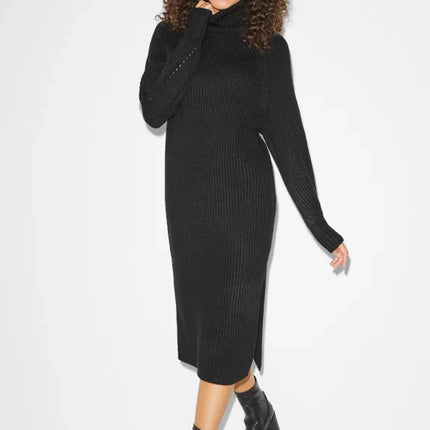 UNICORN Women's knitted long turtleneck dress funnel neck long sleeves brown black xs s m l xl