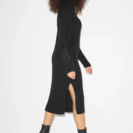 UNICORN Women's knitted long turtleneck dress funnel neck long sleeves brown black xs s m l xl