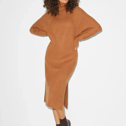 UNICORN Women's knitted long turtleneck dress funnel neck long sleeves brown black xs s m l xl