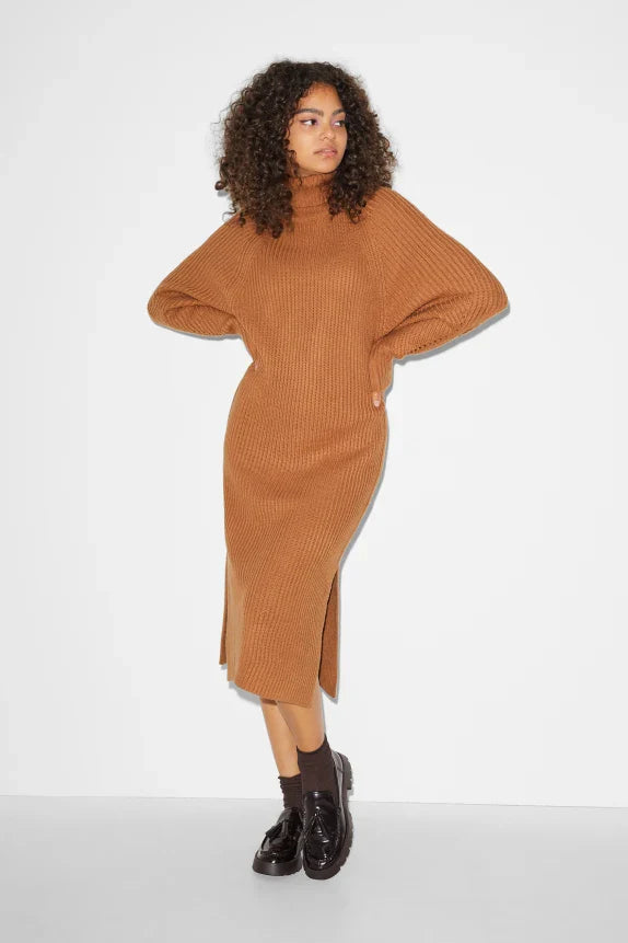 UNICORN Women's knitted long turtleneck dress funnel neck long sleeves brown black xs s m l xl