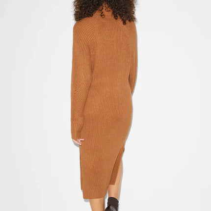UNICORN Women's knitted long turtleneck dress funnel neck long sleeves brown black xs s m l xl