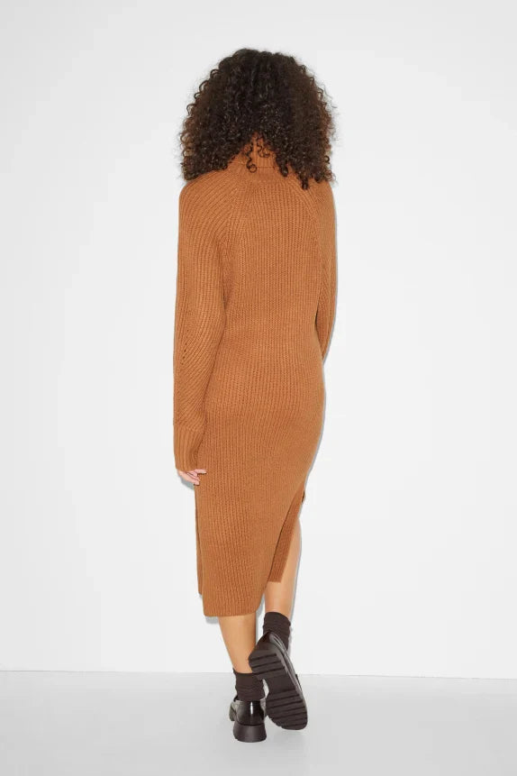 UNICORN Women's knitted long turtleneck dress funnel neck long sleeves brown black xs s m l xl