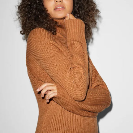 UNICORN Women's knitted long turtleneck dress funnel neck long sleeves brown black xs s m l xl