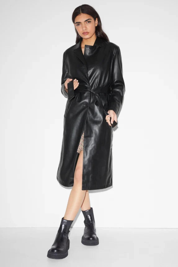 UNICORN Women's long coat with pockets leather black xs s m l xl xxl xxxl