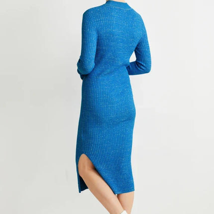 UNICORN Women's knitted long turtleneck dress funnel neck blue xs s m l