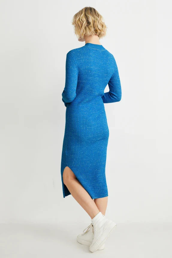 UNICORN Women's knitted long turtleneck dress funnel neck blue xs s m l