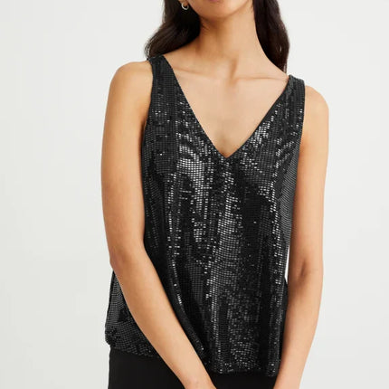 UNICORN women's shiny black top shirt V-neck with sequins xs s m l xl