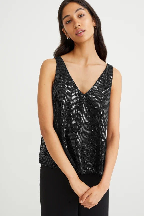 UNICORN women's shiny black top shirt V-neck with sequins xs s m l xl