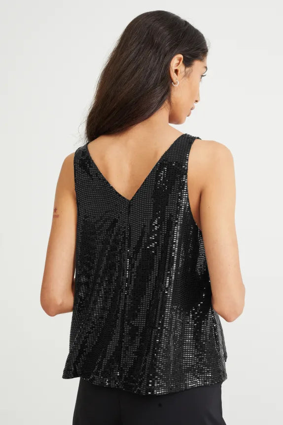 UNICORN women's shiny black top shirt V-neck with sequins xs s m l xl