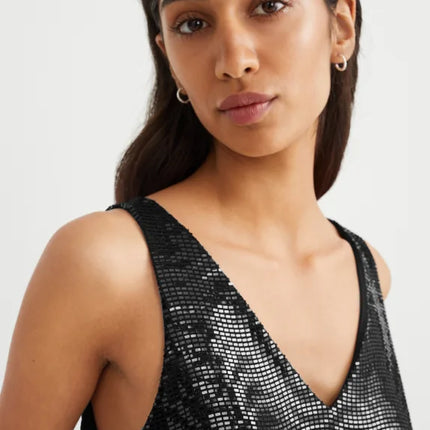 UNICORN women's shiny black top shirt V-neck with sequins xs s m l xl