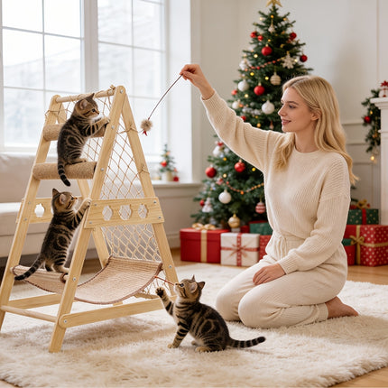 UNICORN Natural Wood Cat Climbing Frame with Climbing Net