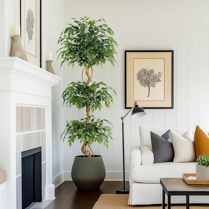 UNICORN Artificial Ficus Tree, Curved Tree Trunk, 180cm Large Artificial Plant with White Pot
