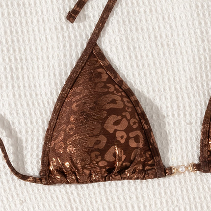 UNICORN Beach Sexy Coffee Leopard Print Pearl Accessory Triangle Bikini Set xs s m l