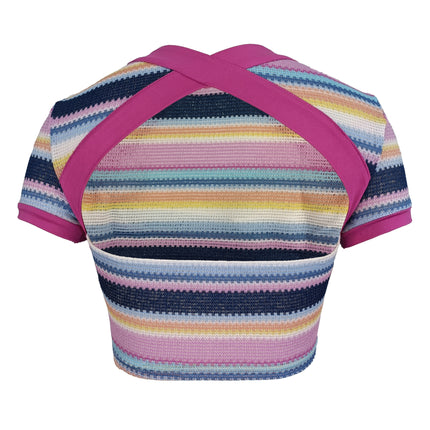 UNICORN Colorful Striped T-Shirt Cross Neck Hollow Out Crop Top xs s m l