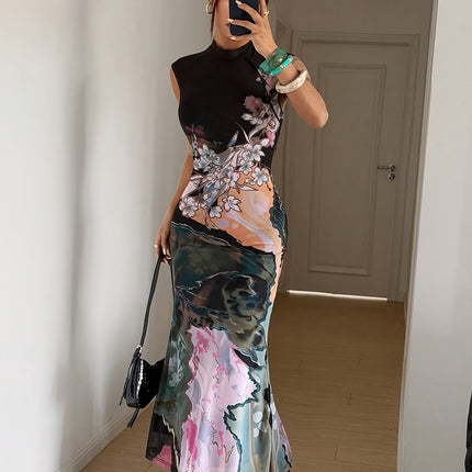 UNICORN Cheongsam-Style Vintage Print Slim-Fit  Sleeveless Stand-Up Dress xs s m l xl