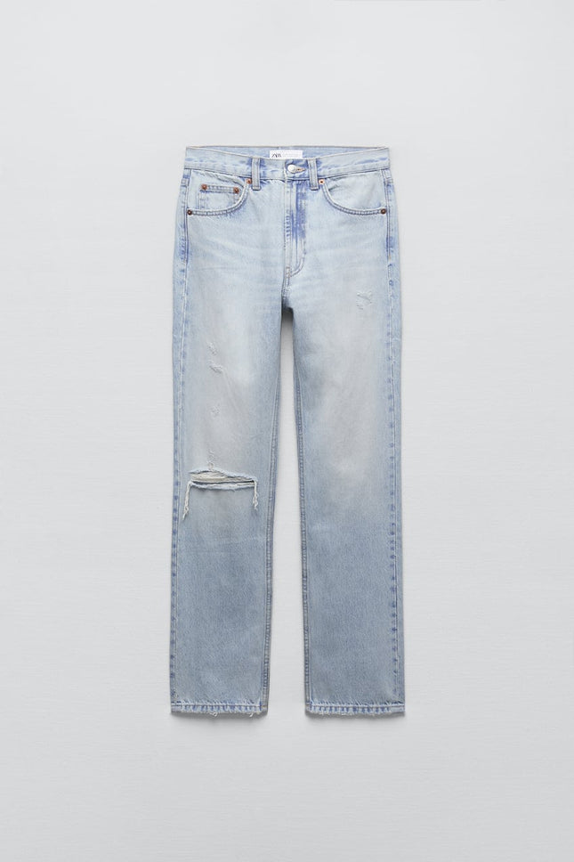 UNICORN Women's long jeans with high waist straight with tears light blue xxs xs s m l xl xxl xxxl