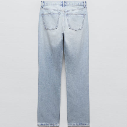 UNICORN Women's long jeans with high waist straight with tears light blue xxs xs s m l xl xxl xxxl