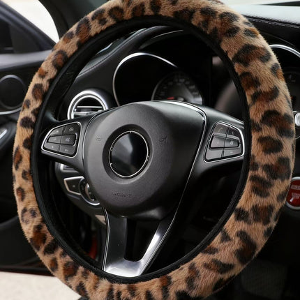 UNICORN Leopard Print Plush Car Steering Wheel Cover Brown