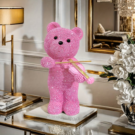 UNICORN Beaded Bear Violinist Statue Resin Music Decoration Pink Golden Silver