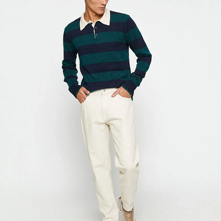 UNICORN Men's sweater open collar striped burgundy green gray s m l xl