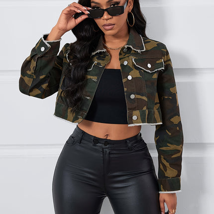 UNICORN Camo Print Raw Hem Cropped Denim Coats, Long Sleeve Denim Jackets xs s m l