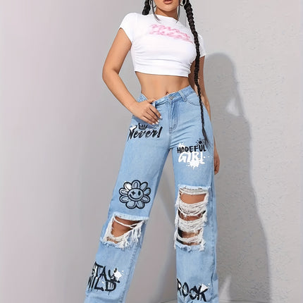 UNICORN Pattern Graffiti Print Washed Ripped High-Waisted Straight Leg Jeans xs s m l xl
