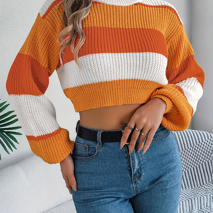 UNICORN Versatile Contrast Stripe Lantern Sleeve Crop Sweater Orange Pink Blue s m l xl
