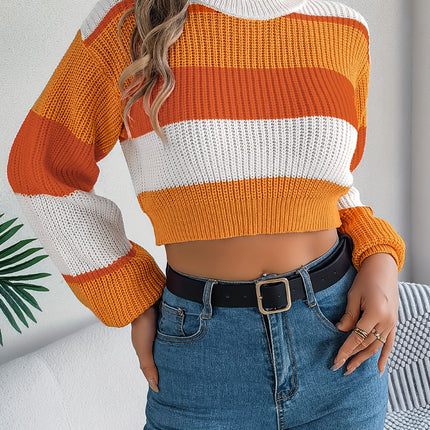 UNICORN Versatile Contrast Stripe Lantern Sleeve Crop Sweater Orange Pink Blue s m l xl