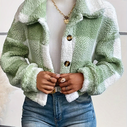 UNICORN Plaid Pattern Button Front Teddy Coat, Versatile Long Sleeve Winter xs s m l xl xxl