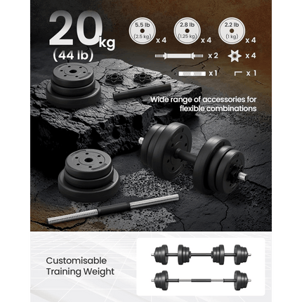 UNICORN 2-in-1 Dumbbells Set, 2 x 10 kg Adjustable Dumbbells with Extra Barbell Bar black