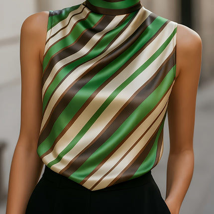 UNICORN Small Lapel Striped Print Satin Sleeveless Top Women's Blouse s m l xl xxl