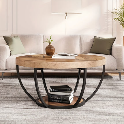 UNICORN 81.28cm Round Coffee Table with 2-Tier Open Storage Wood Grain and Black