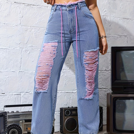 UNICORN Women's Ripped Fashion Jeans with Drawstring Waist xs s m l xl