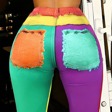 UNICORN Women's Fashion Imitation Denim Color Block Skinny Pants s m l xl
