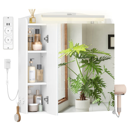 UNICORN Bathroom Mirror Cabinet with Lighting, Hairdryer Holder White