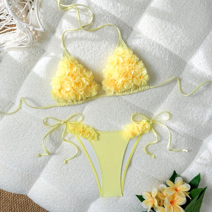 UNICORN Solid Color Triangle Bikini Swimsuit with Floral Accessories s m l xl