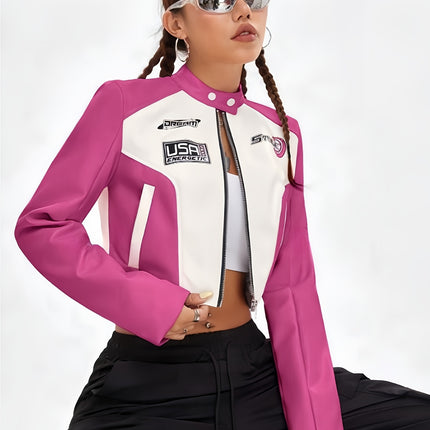 UNICORN Womens Cropped Jacket Letter Print Color-block Design Casual Biker Jacket s m l