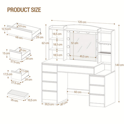 UNICORN Dressing Table with 8 Drawers, Large Mirror with RGB LED Lighting White