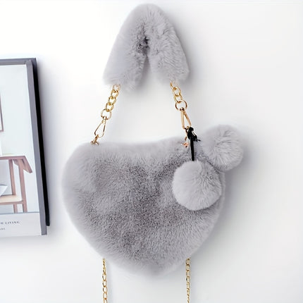 UNICORN Hairy Love Wallet & Crossbody Bag Heart Fake Fur Purse with Chain Strap