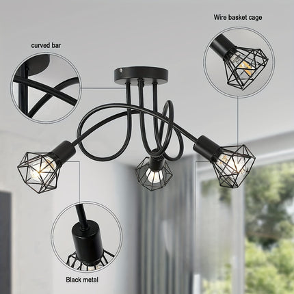 UNICORN Industrial 3 Way Ceiling Black Metal Cage 3 Lights Suitable for Bedroom