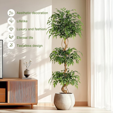 UNICORN Artificial Ficus Tree, Curved Tree Trunk, 180cm Large Artificial Plant with White Pot