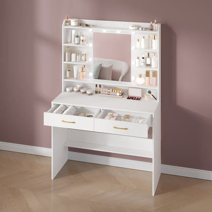 UNICORN Jewelry Cabinet with Mirror, Vanity Table with Shelves And 2 Drawers White
